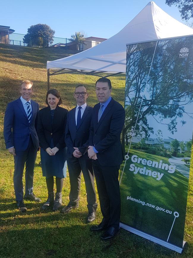 NSW Premier Gladys Berejiklian with Planning Minister Rob Stokes (right) Camden MP Peter Sidgreaves and Campbelltown Mayor George Brticevic.