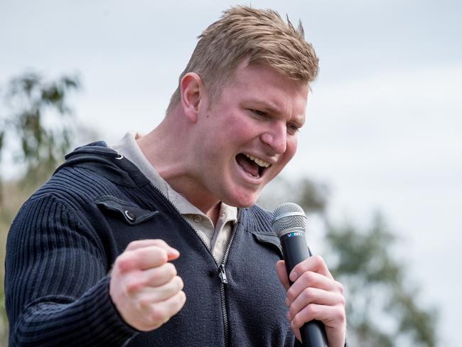 UPF leader Blair Cottrell delivers a speech during the rally in 2016. Picture: Jake Nowakowski