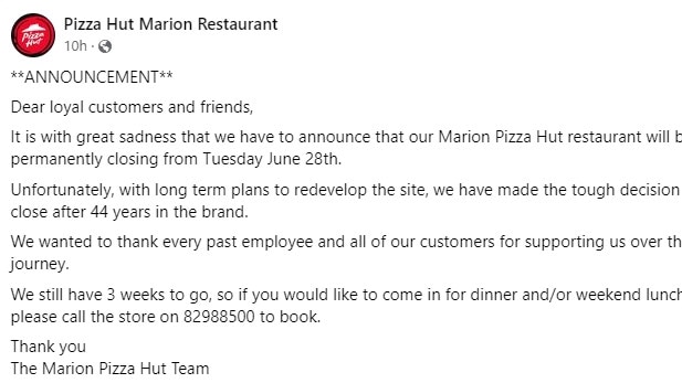 Pizza Hut Marion’s Facebook post, saying it will soon permanently close.