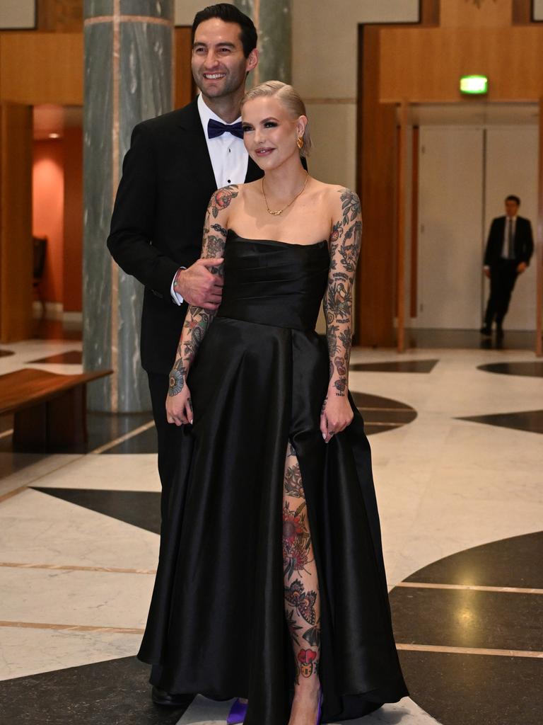 Labor MP Josh Burns and partner Georgie Purcell at the Midwinter Ball. Picture:  AAP Image/Lukas Coch