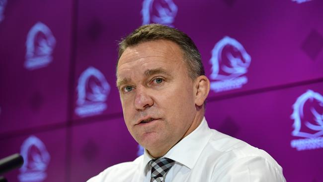 Brisbane Broncos CEO Paul White speaks to the media during a press conference in Brisbane, Wednesday, February 20, 2019. The club announced that rookie Payne Haas has been stood down by the club for the opening four rounds of the NRL competition and given a $20,000 fine, relating to an investigation by the NRL Integrity Unit into an incident involving the Haas family. (AAP Image/Dan Peled) NO ARCHIVING