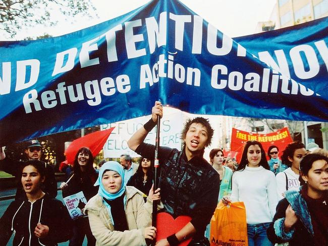 Merlin Luck at a World Refugee Day Rally.