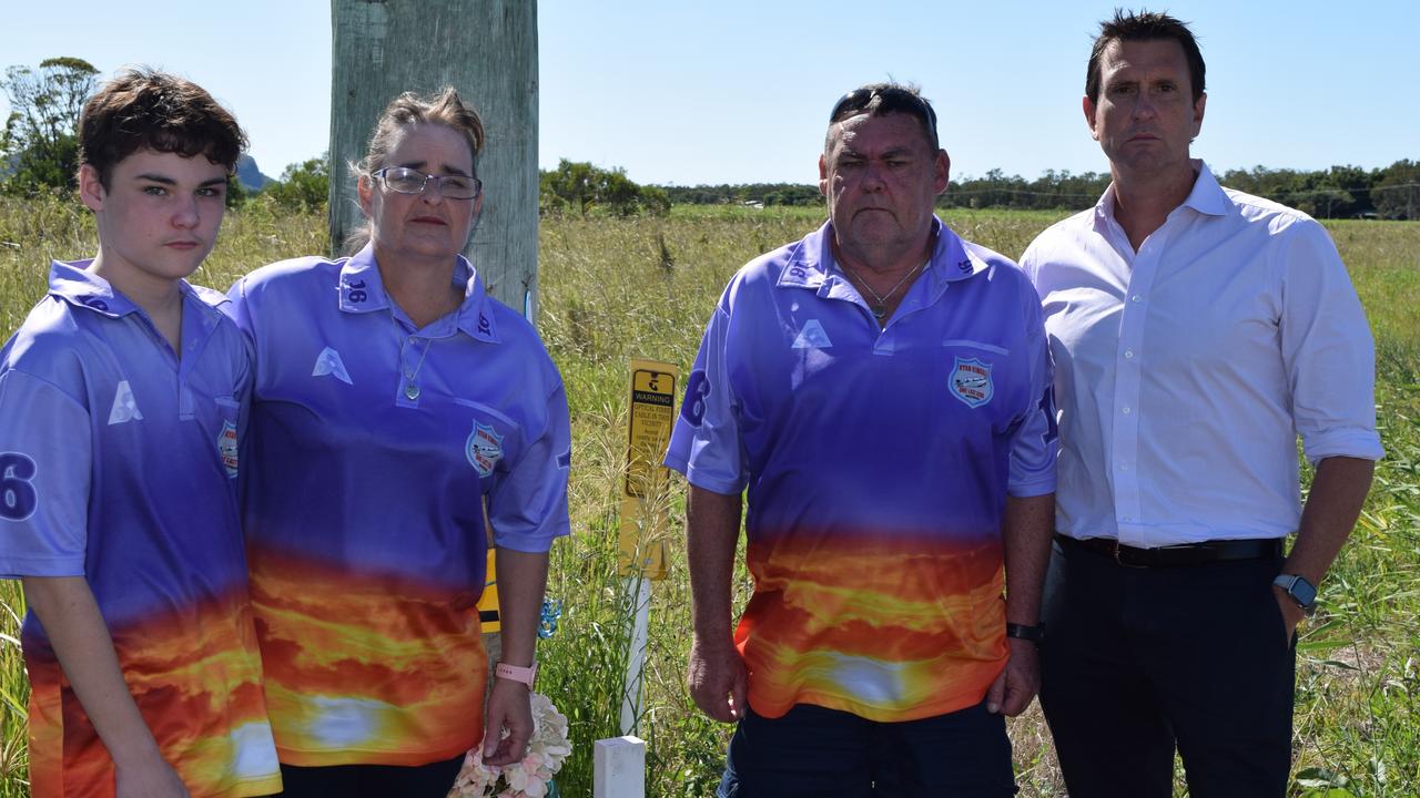 Ryan Kimball's brother Tyson, his mother Annette, his father Graeme and MP Dan Purdie at the roadside memorial.