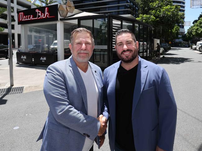 Gold Coast premium dining destination, Oracle Boulevard, announcied a multi-million-dollar transformation that will set a new standard for luxury dining and redefine the culinary scene on the Coast. SOX Hospitality founder Simon Morris and Jason Makris, CEO of Makris Group, at the announcement. Picture Glenn Hampson