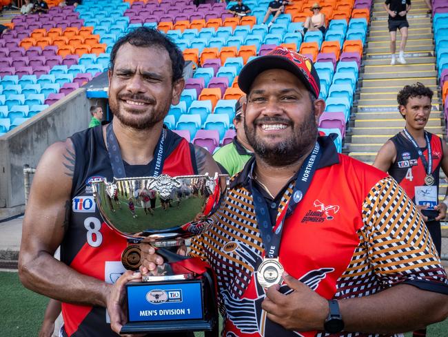 Cyril Rioli with Jabiru Bombers coach Kingsley Whitehurst as the side beat the Banks Bulldogs in the NTFL Division 1 final. Picture: David Bradley