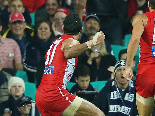 Goodes performs an Indigenous war dance during a game. Picture: Phil Hillyard