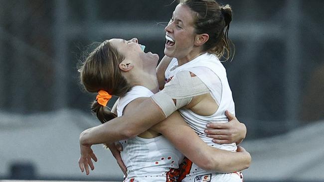 Jessica Doyle (left) Giants celebrates a goal at GMHBA Stadium. Picture: AFL Photos/via Getty Images