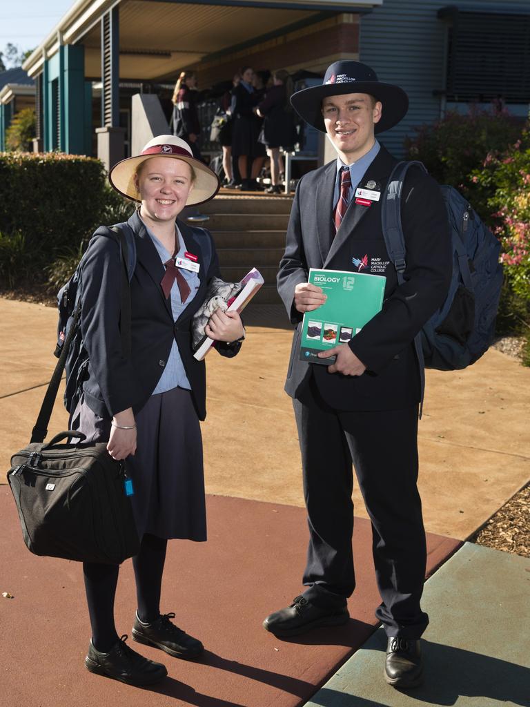 Mary MacKillop Catholic College captains Caitlin Lang and Connor McKerrow return to school, Monday, May 11, 2020. Picture: Kevin Farmer