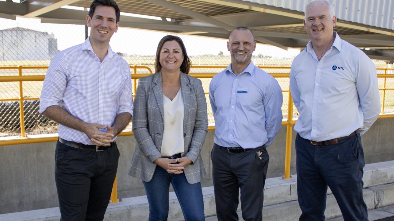 From left the Minister for Regional Development Kristy McBain Member for Bundaberg Tom Smith, Gladstone Ports Corporation CEO Craig Haynes and Sugar Terminals Limited CEO David Quinn at the official opening of the new conveyor.