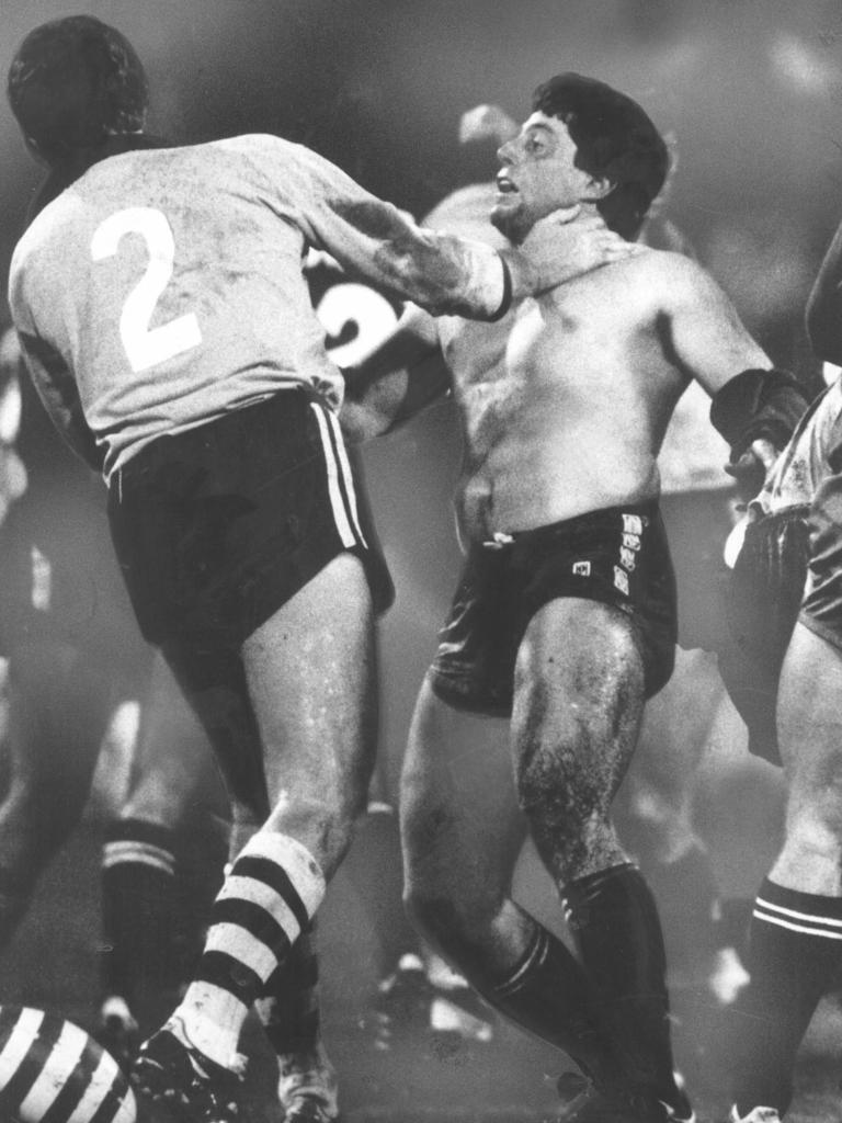 JRoss Conlon (L) &amp; Chris Close fight during the infamous game two melee in 1984.