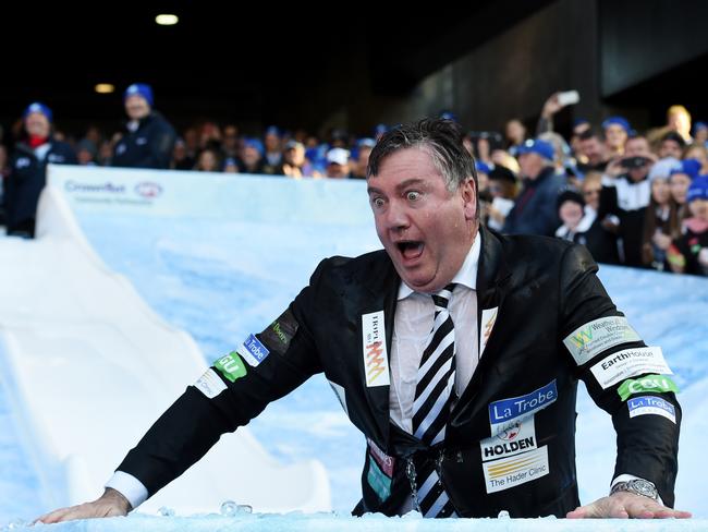 Collingwood president Eddie McGuire takes part in the Big Freeze Ice Slide challenge fundraising event for Motor Neurone Disease. Picture: AAP Image/Tracey Nearmy