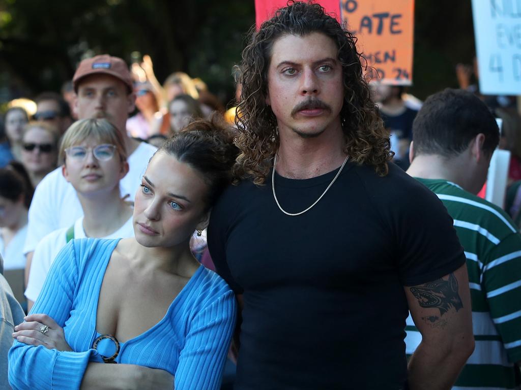 Abbie Chatfield and Adam Hyde at a national rally against violence towards women in Sydney last month. Picture: Lisa Maree Williams/Getty