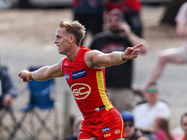 Darcy MacPherson of the Suns celebrates a goal during the 2020 Marsh Community Series match between the Adelaide Crows and the Gold Coast Suns at Flinders University Stadium on March 06, 2020 in Adelaide, Australia. (Photo by AFL Photos)