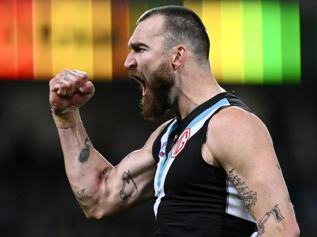 ADELAIDE, AUSTRALIA - JULY 08: Charlie Dixon of Port Adelaide celebrates a goal during the round 17 AFL match between Port Adelaide Power and Gold Coast Suns at Adelaide Oval, on July 08, 2023, in Adelaide, Australia. (Photo by Mark Brake/Getty Images)