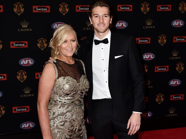 Marcus Bontempelli and mum Geraldine Bontempelli on the Brownlow red carpet. Picture: AAP