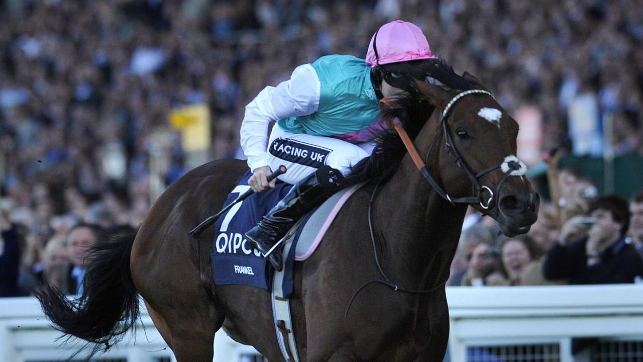 Racehorse Frankel ridden by jockey Tom Queally on his way to winning the Queen Elizabeth II Stakes at Royal Ascot Racecourse at Ascot in England, 15/10/2011.