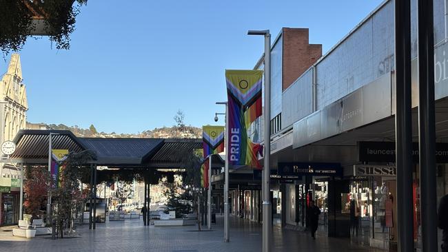 Pride flags slashed in Launceston mall hours after being raised. Picture: Alison Foletta