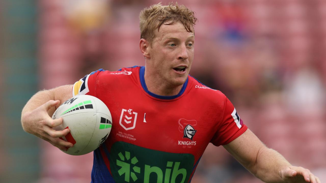 NEWCASTLE, AUSTRALIA - MARCH 26: Lachlan Miller of the Knights runs with the ball during the round four NRL match between Newcastle Knights and Canberra Raiders at McDonald Jones Stadium on March 26, 2023 in Newcastle, Australia. (Photo by Scott Gardiner/Getty Images)