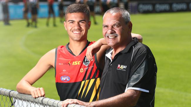 Kobe Wilson (L) who is the grandson of former Central District player Wilbur Wilson (R) has just been named in Port Adelaide’s 2020 Aboriginal Academy. Picture: Tait Schmaal