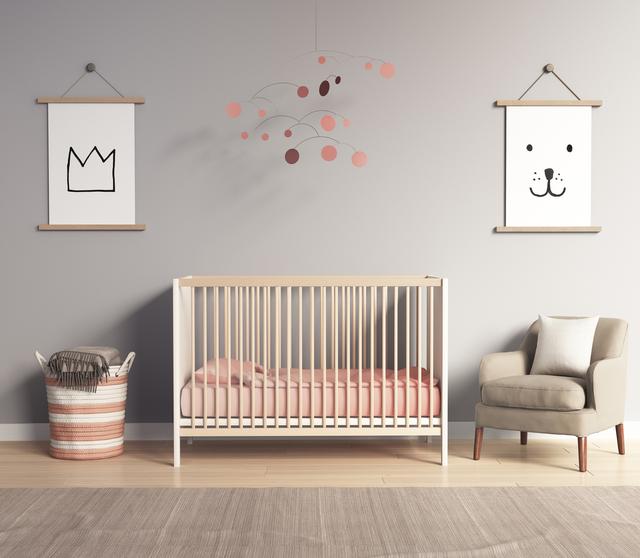 Rendering of a Modern nursery room with salmon red and grey accents