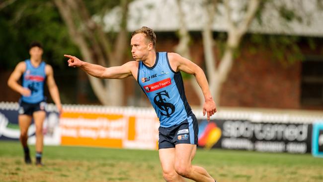 Mark Evans after scoring at the SANFL game between Sturt and North Adelaide at Unley Oval in Adelaide, Saturday, September 19, 2020. (The Advertiser/ Morgan Sette)