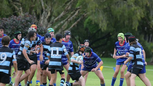 Day 1 of the King of the Country junior rugby union tournament at the Gold Coast Eagles Rugby Union Club.Maroochydore Swans (BLUE AND BLACK) vs USQ Saints (Blue ) Maroochydore Player No USQ Player No Pic Mike Batterham
