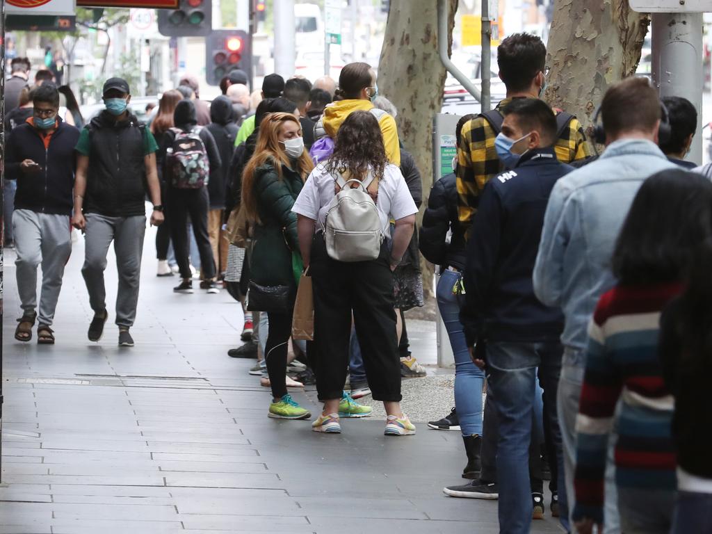 People wait in line at Russell Street COVID-19 testing centre as infection numbers continue to rise in Melbourne. Picture: NCA NewsWire / David Crosling