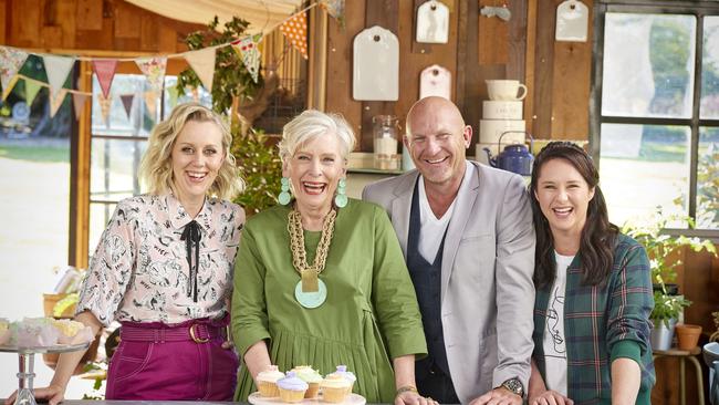 The original hosts and judges of the Great Australian Bake Off Claire Hooper, Maggie Beer, Matt Moran and Mel Buttle.