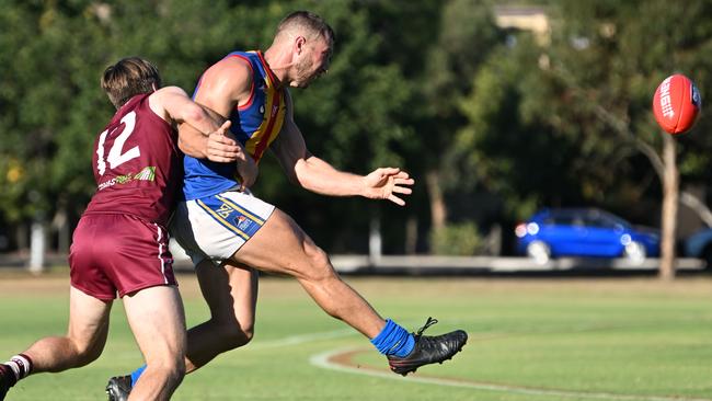 Lachlan McNamara tackling Isaac Ryan during the Prince Alfred Old Collegians and Old Ignatians game. Picture: Morgan Sette