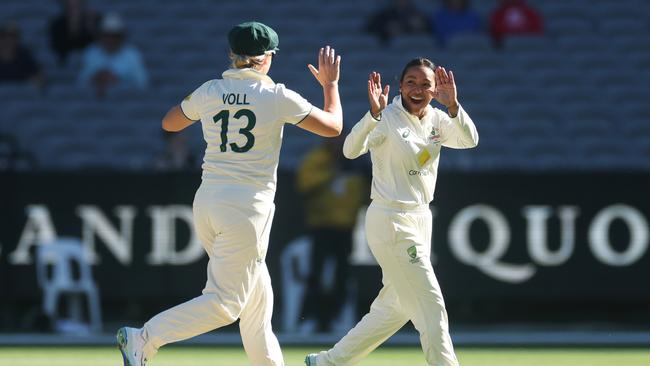 Alana King celebrates a caught and bowled against England at the MCG.