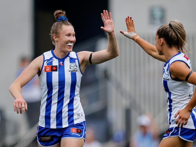 Tahlia Randall enjoys a goal during North Melbourne’s preliminary final romp. Picture: Dylan Burns/AFL Photos via Getty Images