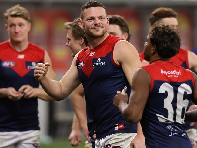 PERTH, AUSTRALIA - AUGUST 09: Steven May of the Demons celebrates winning the round 21 AFL match between West Coast Eagles and Melbourne Demons at Optus Stadium on August 09, 2021 in Perth, Australia. (Photo by Paul Kane/Getty Images)