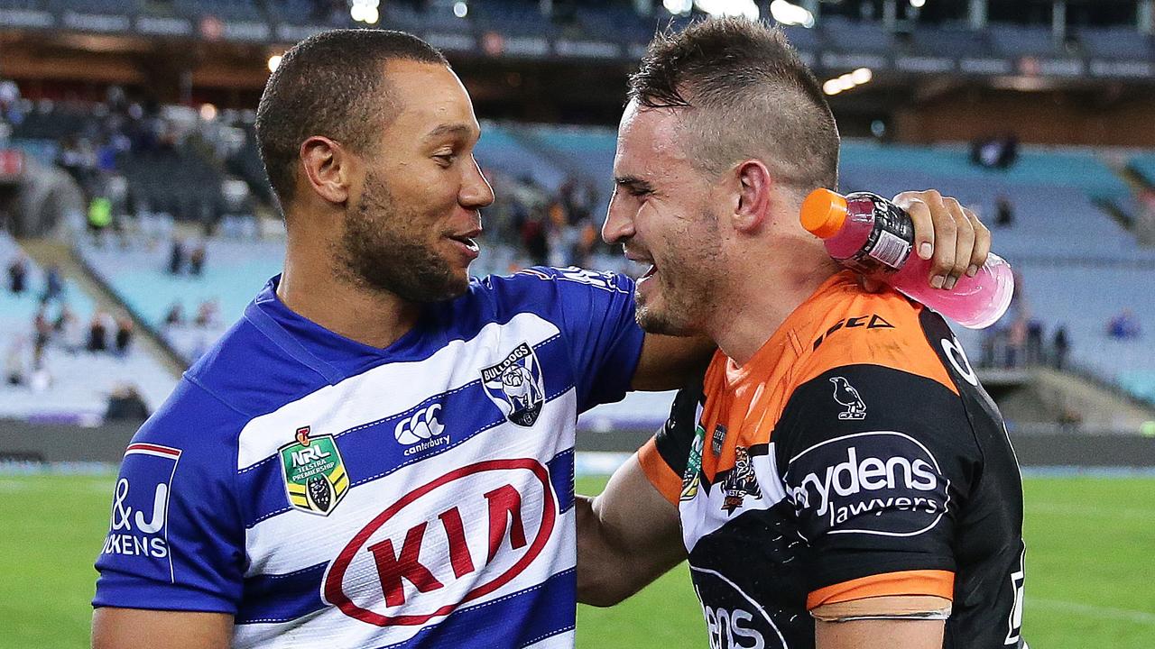 Bulldogs star Moses Mbye will soon be reunited with Josh Reynolds at the Wests Tigers. Picture: Brett Costello