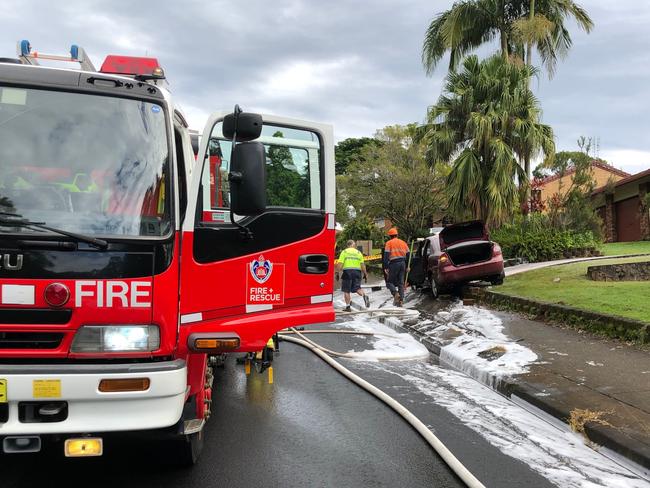 CAR FIRE: Firefighters from Fire & Rescue Goonellabah extinguished a car fire after it struck an electrical kiosk in Oliver Ave, Goonellabah when trying to avoid another vehicle exiting a premises. Photo: Fire & Rescue Goonellabah, Jody Hinds