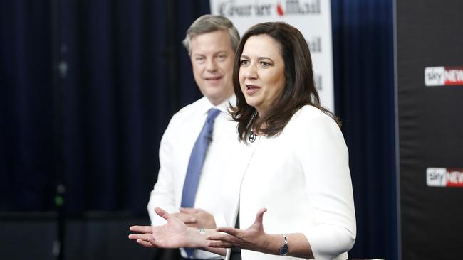 Annastacia Palaszczuk wins the day in a head to head with LNP leader Tim Nicholls at the <i>Sky News/Courier-Mail’s</i>People’s Forum on Thursday night. Picture: AAP/Josh Woning