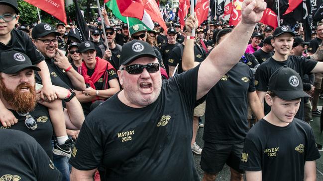 Electrical Trade Union members march in Brisbane on Labour Day. Picture: NewsWire / Glenn Campbell
