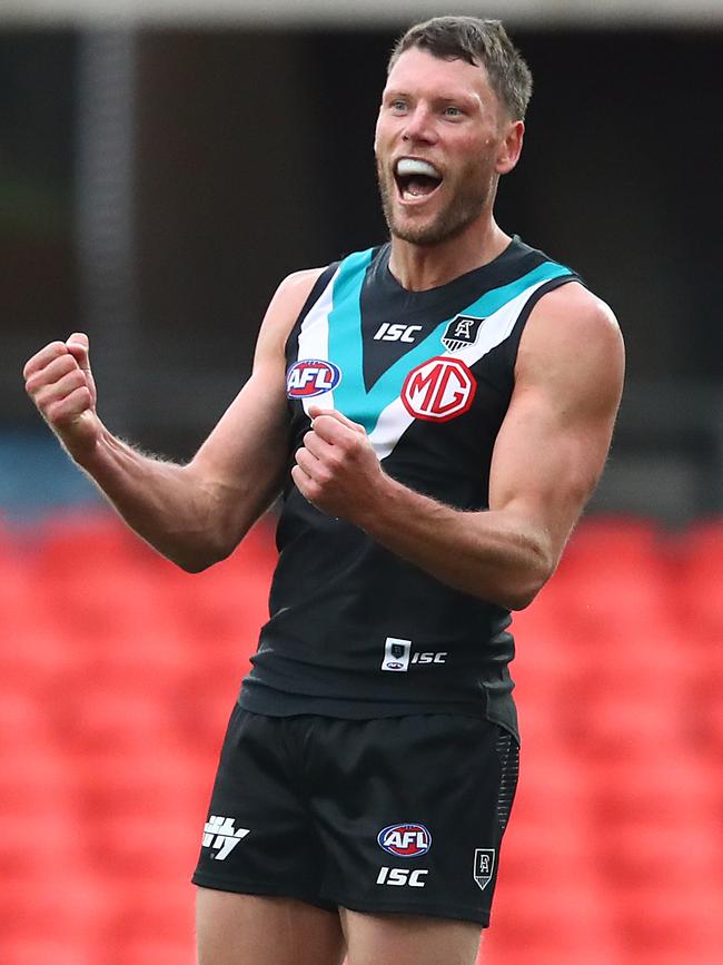 Brad Ebert reacts after kicking a goal during Port Adelaide’s win against West Coast.