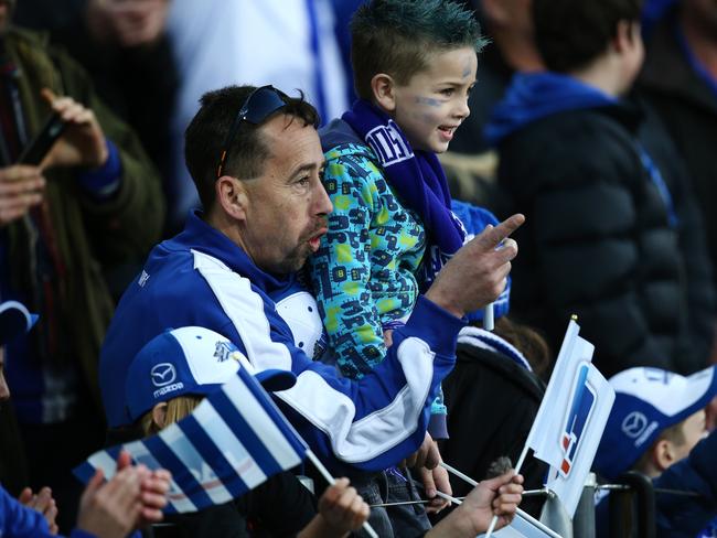 North Melbourne fans celebrate their convincing win the St Kilda.