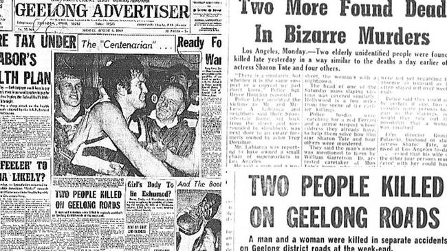 Geelong Advertiser front pages on August 4 and August 11 in 1969, featuring the tragic death of John Natoli, and the LA killings that would come to be known as the Manson Family murders.