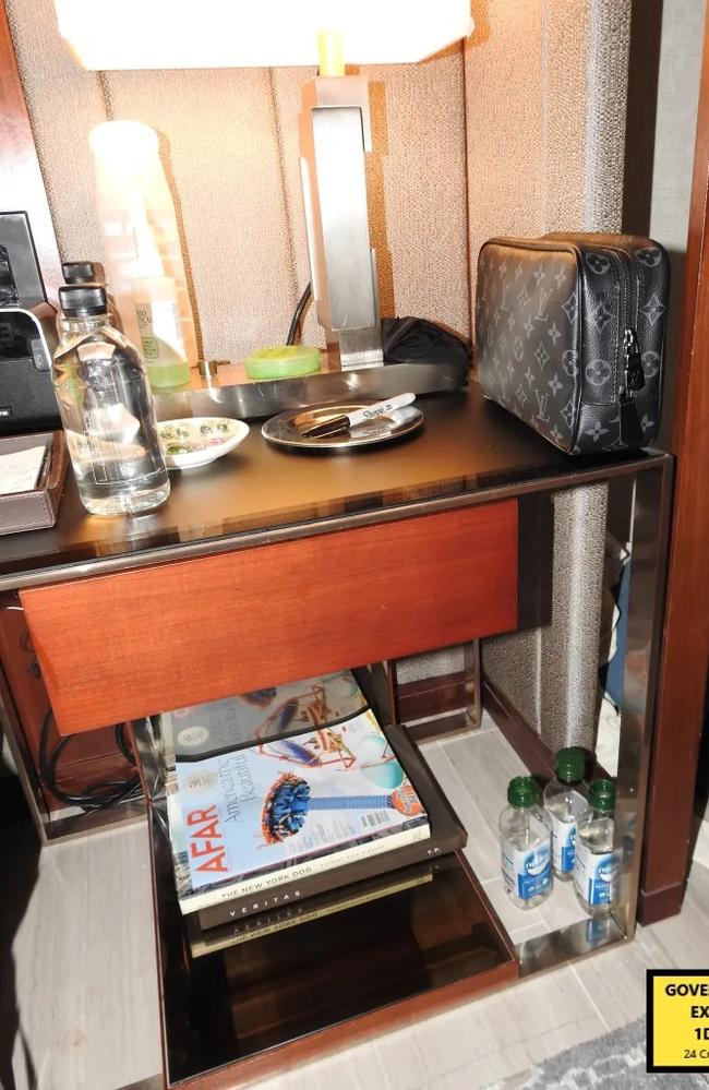 The set of photos which includes bottles of pills, bottles of baby oil and thousands of dollars in cash were taken by law enforcement when Diddy was arrested at the Park Hyatt Hotel in Midtown Manhattan in September 2024. Picture: Department of Justice