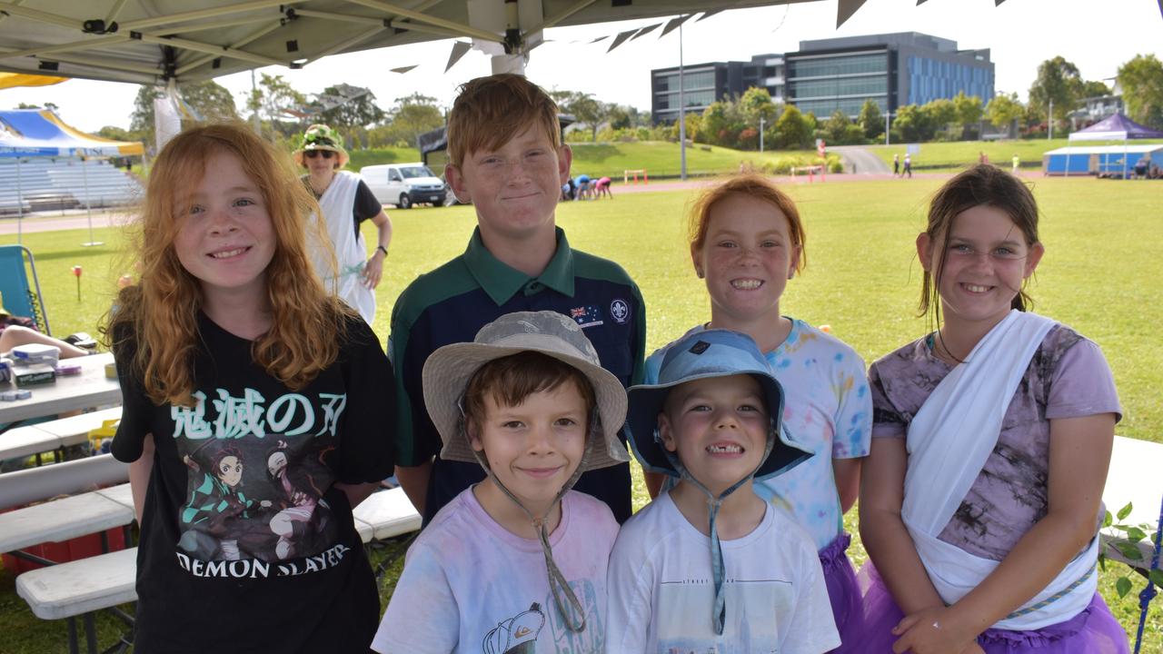 Willow Speekenbrink, April North, Zoe Speekenbrink, Xavier Speekenbrink, Xavier Fuller and Connor Fuller at the Sunshine Coast Relay for Life 2022.