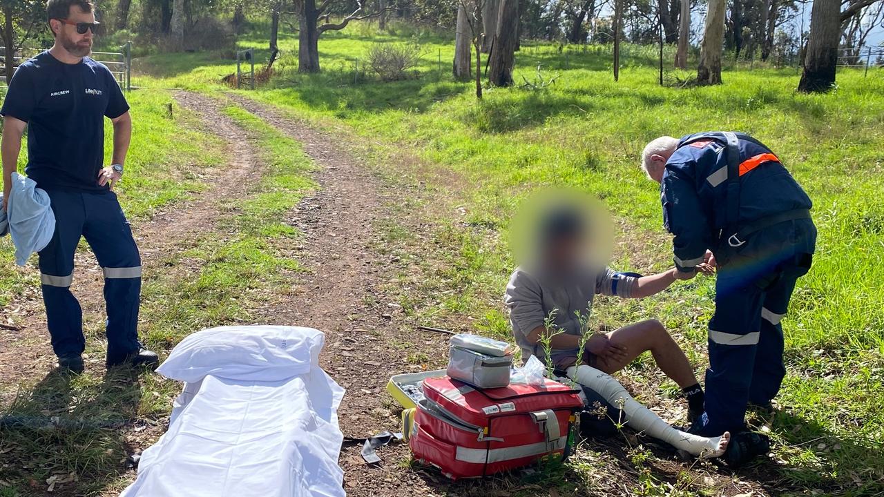 A bushwalker bitten by a snake in the Lockyer Valley was flown by the Toowoomba based LifeFlight Surat Gas Aeromedical Service (SGAS) helicopter crew. Pictures: LifeFlight