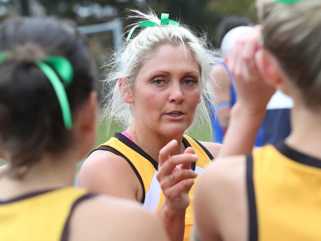 Drysdale player coach Olivia Young in the huddle. BFL: Drysdale v Queenscliff netball. Picture: Alan Barber