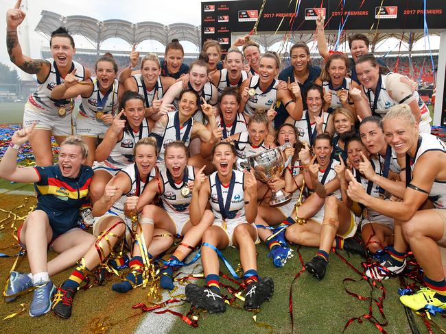 The Adelaide Crows celebrate after winning the inaugural AFLW Premiership after the 2017 AFLW Grand Final match against the Brisbane Lions. Picture: Michael Willson/AFL Media/Getty Images