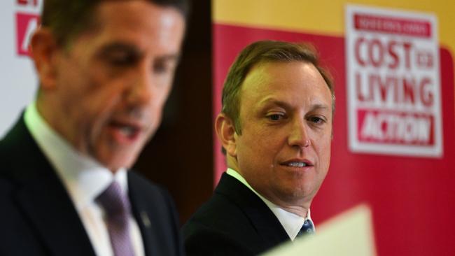 BRISBANE, AUSTRALIA - NewsWire Photos - JUNE 11, 2024. The Queensland Premier Steven Miles (right) and Treasurer and Minister for Trade and Investment Cameron Dick during a press conference before handing down the 2024-25 State Budget, at Parliament House. Photo: Dan Peled / NewsWire