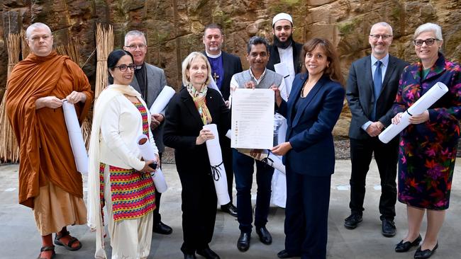 Indigenous filmmakerRachel Perkins join individual members from peak religious institutions calling on Australian political leaders to take action on a Voice referendum. Picture: Jeremy Piper