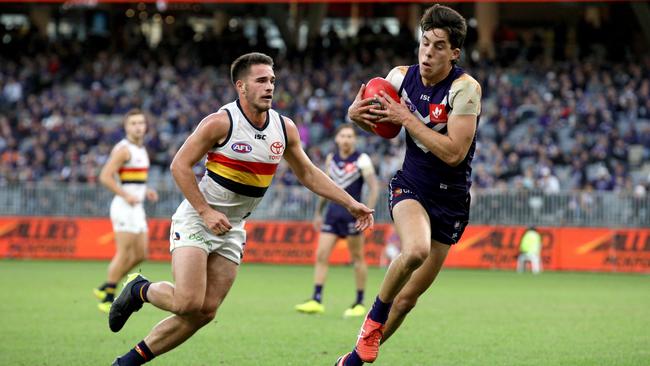 Dockers’ rookie Adam Cerra was impressive for the home side. Picture: AAP Image/Richard Wainwright