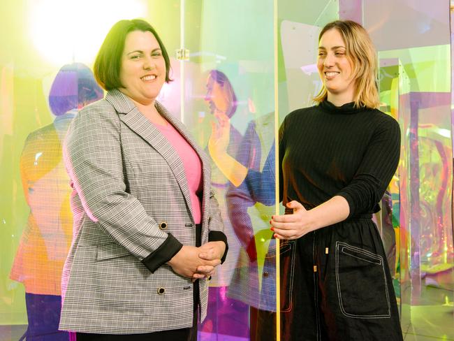 ACE Open gallery Executive Director Louise Dunn and Artistic Director Patrice Sharkey within the current exhibition at the gallery in Adelaide, Wednesday, September 23, 2020. (The Advertiser/ Morgan Sette)