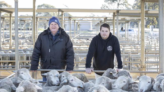 Colin Walker and nephew Ash from Elmore sold Merino wether lambs. Picture: Zoe Phillips