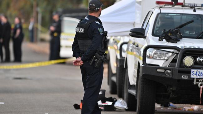 Police outside the Crystal Brook home where two police officers were stabbed. Picture: NCA NewsWire / Brenton Edwards